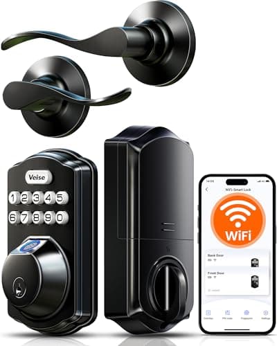 Veise VE012W-B Wi-Fi Fingerprint Smart Lock with Handle Set, Remote App Control, Keyless Entry Front Door Lever, Built-in WiFi No Hub Needed, Backlit Keypad Deadbolt, Auto-Locking, Matte Black - Image 1