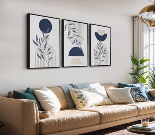 Large Framed Boho Wall Art, Mid Century Botanical Canvas Prints, Blue Geometric Abstract Paintings Modern Minimalist Canvas Pictures for Living Room Bedroom Kitchen Office Decor 32"x48"x3Pcs - Image 1