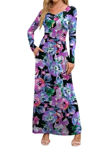 DEARCASE Maxi Dress for Women Flower Purple Blue XX-Large Round Neck Boho Long Sleeve A-line Casual Hawaiian Empire Waist Flowy Party Vintage Spring Fall Winter Floor Dresses with Pocket - Image 1