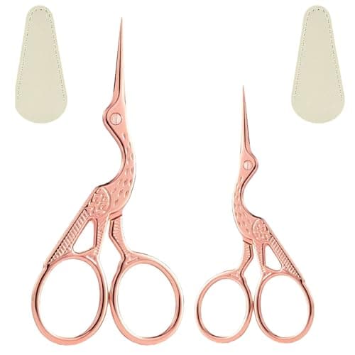 2 PCS Rose Gold Stork Embroidery Scissors with Leather Covers, 4.5 Inch & 3.7 Inch Stainless Steel Small Sewing Scissiors, For Precision Cutting DIY Craft Cross Stitch Tailoring Floral Trimming - Image 1