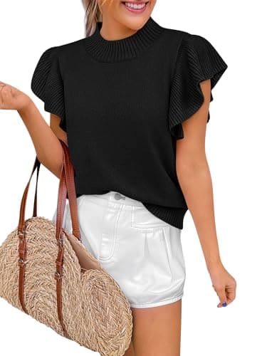 Womens Short Sleeve Sweaters Trendy Crew Neck Sweater Shirts Business Casual Work Tops 2026 Summer Outfits Black M - Image 1