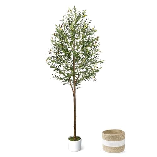 LuceAlberi 6FT Artificial Olive Tree - Indoor Tall Faux Olive Trees with Planter&Basket, Large Fake Olive Silk Tree Realistic Olive Plants with Branches and Fruits for Home Decor Office Living Room - Image 1