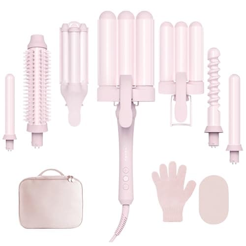 Curling Iron Set 7-in-1, Curling Wand Set with 7 Interchangeable Barrels Included A Heated Round Brush, 3 Hair Crimper, Ceramic Coating Protect Hair, with Gift Package (0.6"-1.25") Pink - Image 1