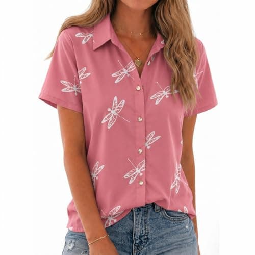 Chicwave Women's Short Sleeve Button Down Shirt, Collared V Neck Floral Print Blouse, Lightweight Business Casual Top for Office Work, Travel, Vacation, Summer, Pink - Image 1