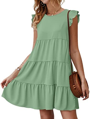 KIRUNDO Women's Casual Dresses 2026 Summer Sleeveless Ruffle Sleeve Round Neck Loose Short Flowy Tiered Pleated Mini Dress(Green, Large) - Image 1