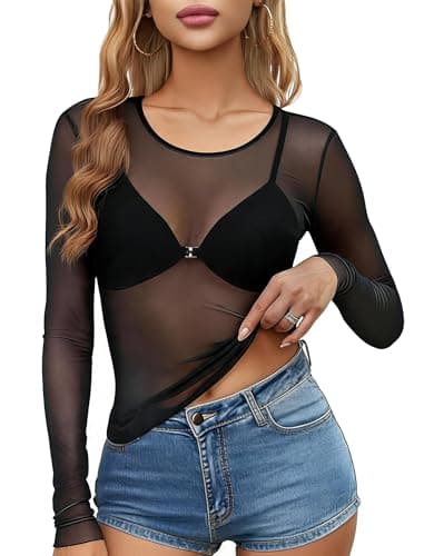 Avidlove Black Mesh Top Women Sheer Blouses for Women Mesh Undershirt Women T Shirt Black Long Sleeve Top Black M - Image 1