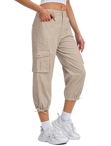 Eddoyee Women's Cargo Capris Pants Elastic Waist Hiking Pants 2026 Summer Casual Pants with 6 Pockets Khaki - Image 1