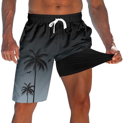 Men's Board Shorts with Compression Liner Stretch Black White Swimming Trunks for Mens Novelty 9" Men Bathing Suit Beach Shorts Brief Liner Quick Dry Mens Swim Trunks Swim Suits Summer Swimwear L - Image 1