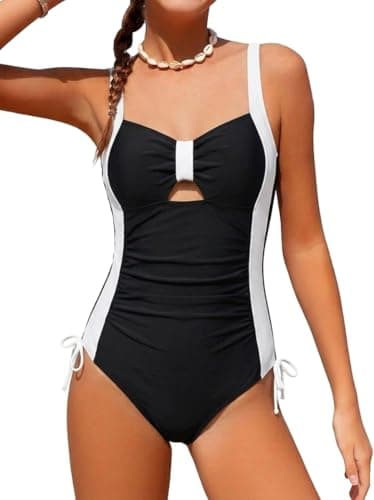 NikNio Girl's One Piece Swimsuits Color Block Bow Accented Cutout Bathing Suit 1 Piece Swimsuit Black 11-12 Years - Image 1