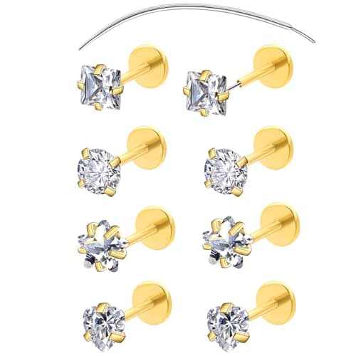 COTATI 20G Flat Back Earrings Stud Threadless Tragus Cartilage Lip Medusa Piercing Jewelry Hypoallergenic (Gold,20G,3/3/3/3mm) - Image 1