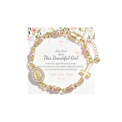 Catholic Crucifix Rosary Bracelet Gifts for Women-14K Gold Plated Simulated Pink Pearl Rosary Beads Virgin Mary Jesus Cross Charm Link Chain, Virgen de Guadalupe Religious Gift for Confirmation Baptism - Image 1