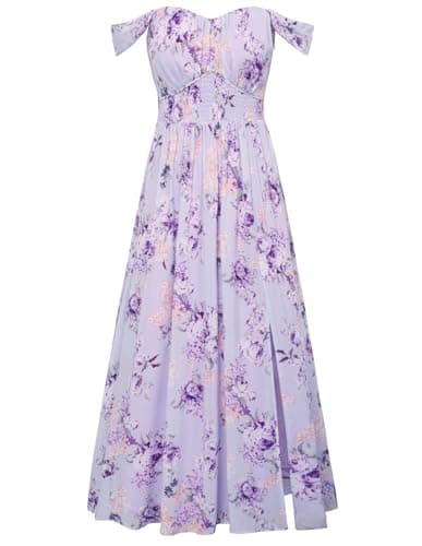 GRACE KARIN Summer Purple Floral Dress for Women 2026,Off the Shoulder Smocked Bridesmaid Dresses,Formal Baby Shower Maxi Dresses S - Image 1