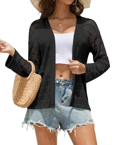 MISFAY Women's Crochet Cardigan Open Front Lightweight Cover Up Black - Image 1