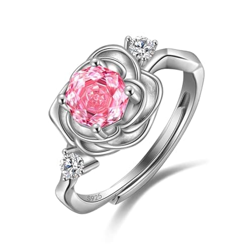 Rose Birthstone Opening Ring - 925 Sterling Silver Rose Cut October Pink Tourmaline Flower Adjustable Ring Anniversary Engagement Promise Ring Birthday Jewelry Gift for Wife Mom Daughter DR0166O - Image 1