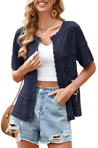 ECOWISH Summer Crochet Cardigans for Women: 2026 Lightweight Short Sleeve Crewneck Button Down Cropped Casual Sweater Tops 440 Navy Blue XL - Image 1