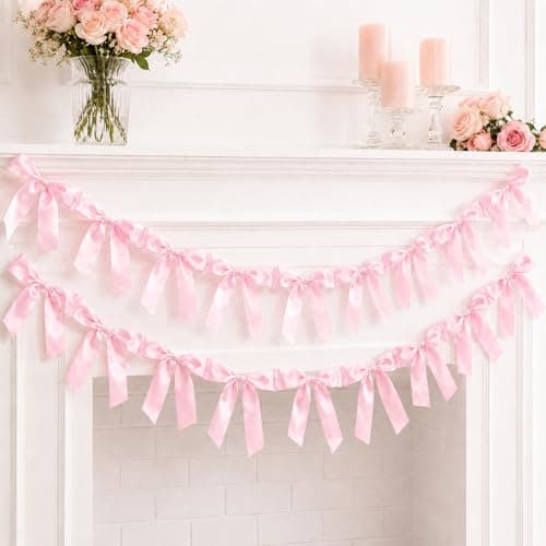 Pink Bow Garland Banner Coquette Birthday Party Decorations, 5.9FT Satin Bow Banner Decorations for Baptism Gift Daughter Nursery Baby Bridal Shower Wedding Favors Engagement Party Supplies - Image 1
