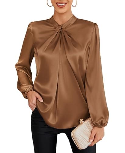 GRACE KARIN Women's Long Sleeve Shirts Mock Neck Casual Satin Blouse Tops for Business Office Work Dark Brown XL - Image 1