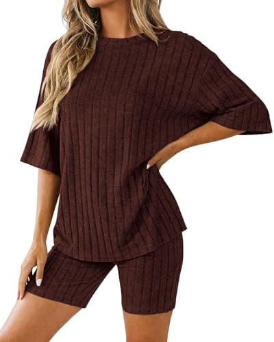KIRUNDO Short Sets For Women Summer 2 Piece Matching Lounge Sets Casual Rib Knit Tshirts Biker Shorts Beach Vacation Outfits (Brown, X-Large) - Image 1