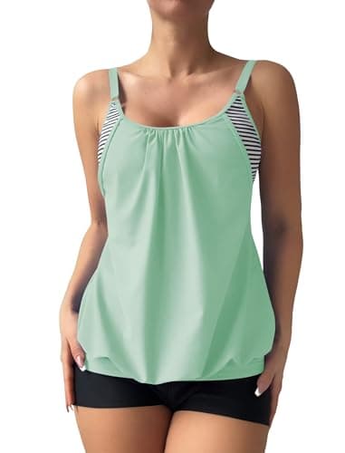 ZAFUL Two Piece Tankini Swimsuit for Women Tummy Control Bathing Suit with Boy Shorts Blouson Swimwear 0-Light Green L - Image 1