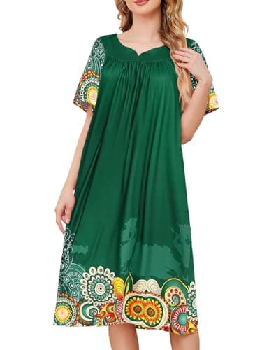 udforsk Mumu Dress Nightgown for Grandma Womens Lounge Dresses Short Sleeve Muumuu Cotton House Coats Female Womens Nightgowns Plus Size Moomoo Dress Green Mandala Flower XXL - Image 1