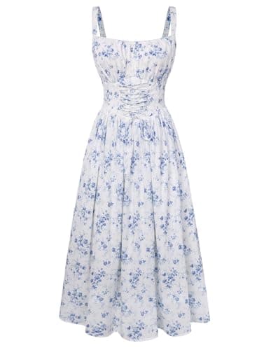 Scarlet Darkness Floral Dress for Women 2026 Corset Milkmaid Dresses Casual Summer Sundress with Pockets Blue M - Image 1