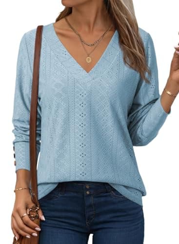 Dokotoo Spring Tops for Women 2026 Womens Blouses Dressy Casual Eyelet Embroidered Tops Elegant Long Sleeve Dress Shirt for Women Business Work Clothes Baby Blue Shirts XXL - Image 1