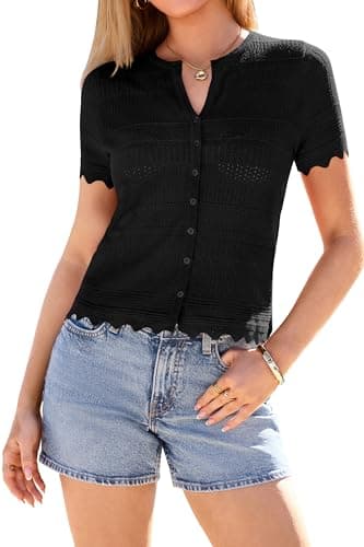 dowerme Women Summer Cardigan Sweaters 2026 Fashion Short Sleeve V Neck Crochet Crop Tops Spring Beach Vacation Clothes(Black,Large) - Image 1