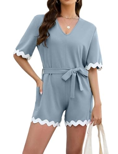GAMISS Jumpsuits for Women Dressy Casual Shorts 2026 Summer Vacation Outfits with Belt Casual Romper Light Blue Medium - Image 1