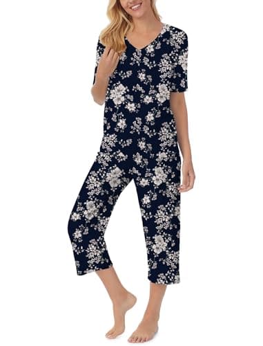 QCIV Ladies Pajama Sets V Neck t shirt and Capri Pants with Pockets Simply Basic Sleepwear Soft Pjs, Blue Floral, Large - Image 1