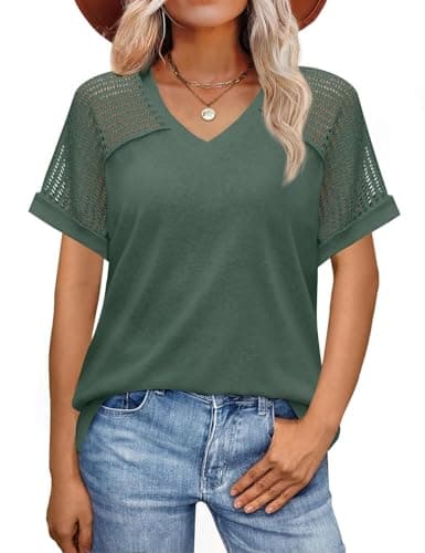 JUSTFASHIONNOW Women's Summer Tops Casual Short Sleeve V Neck Shirts Trendy 2025 Cute Ladies Blouses Business Outfits Green M - Image 1