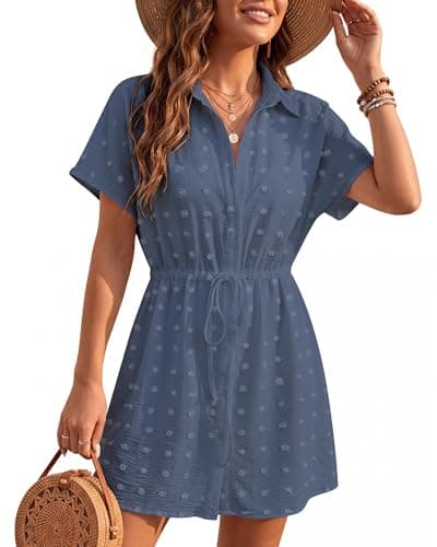 Women's Swiss Dot Short Sleeve Button Down Drawstring Cover Up Shirt Dress Navy Blue - Image 1