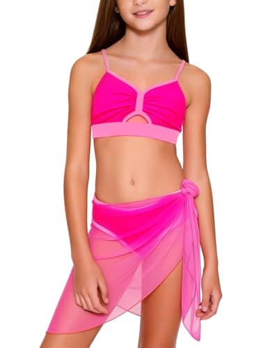 NikNio Girls Swimsuit Bikini Set Color Block V-Neck 3 Piece Bathing Suit with Mesh Cover Ups Skirt Adjustable Straps Swimwear Pool Hot Pink Size 15 16 - Image 1