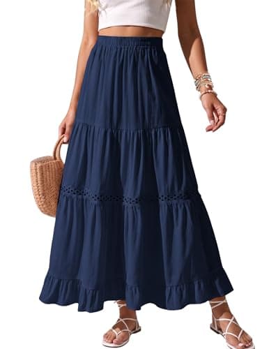 Zelroxa Long Cotton Skirts for Women Summer Boho Maxi Flowy Lace Crochet A Line Tiered Pleated High Waisted Beach Vacation Midi Linen Skirts 2026 Trendy Clothes Outfits Navy Blue - Image 1