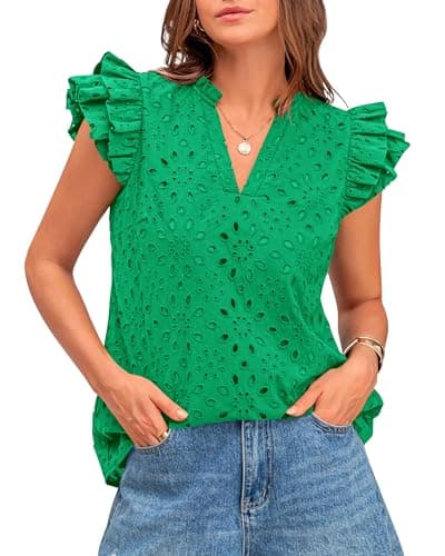 BTFBM Spring Summer Tops for Women 2026 Dressy Casual V Neck Ruffle Cap Sleeve Embroidered Eyelet Blouses Resort Wear(Green, XX-Large) - Image 1