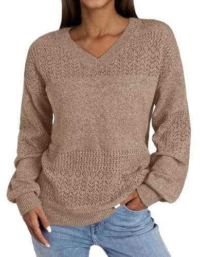 NORACORA Womens V Neck Fall Sweaters 2025 Casual Long Sleeve Ribbed Knit Pullover Lightweight Crochet Pullover Sweater Tops Brown - Image 1