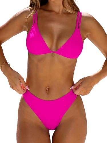 ANRABESS Bikini Swimsuit Sets for Women, Double Shoulder Straps Top Triangle, Floral Two Piece Bathing Suit, Beach Swimwear Hot Pink L - Image 1
