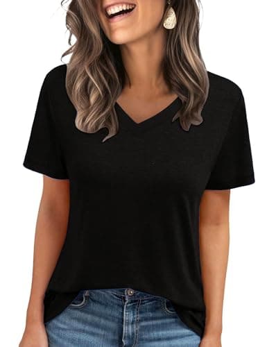 C.O.Z.Y Short Sleeve T-Shirts V Neck T Shirts for Women Light Weight Casual Summer Top Outfit Clothes 2025 Black L - Image 1