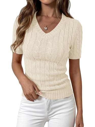 PRETTYGARDEN Womens Summer Short Sleeve Sweater Cable Knit V Neck Sweaters Shirts Fitted Work Tops Business Casual Outfits(Beige,X-Large) - Image 1