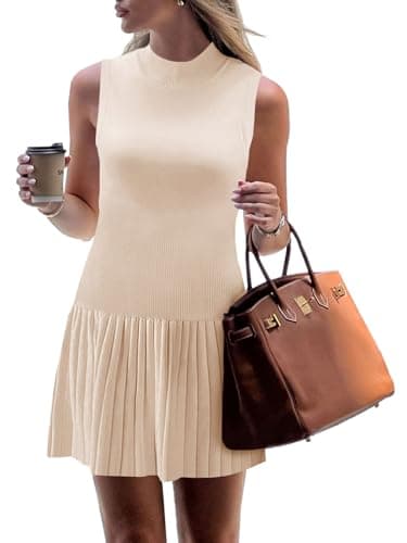 Wenrine Womens Sleeveless Summer Mini Dress Mock Neck Ribbed Knit Ruffle Pleated Casual Tank Dress - Image 1