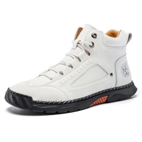 FLYLAND Men's Handmade Faux Leather Chukka Boots, Mid Top Lace-Up Casual Sneaker Boots, Non-Slip Rubber Outsole for Walking & Driving White-12 - Image 1