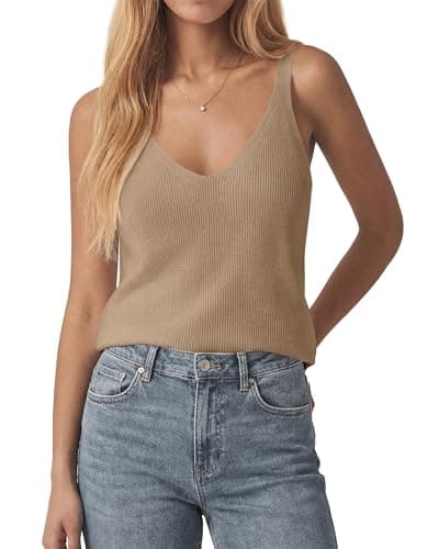 KIRUNDO Sweater Tank Tops for Women Sleeveless V Neck Ribbed Knit Vest Top Camisole 2026 Summer Outfits Fashion Clothing(Khaki, Large) - Image 1