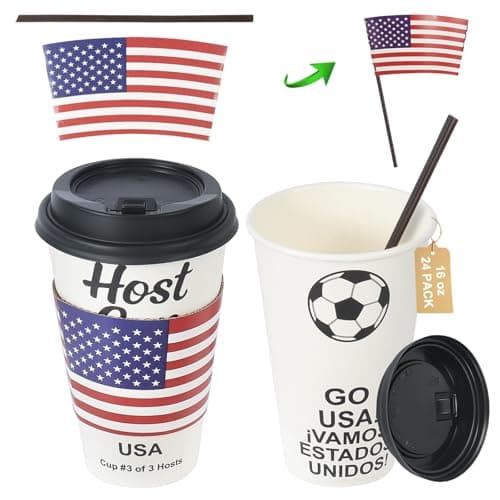 Sowinvent 16 oz CheerSleeve Host Cup, Celebrating World Soccer Tournament Host USA, 24 Sets Disposable Paper Party Cups with Lids Straws Sleeves, Flag Themed Fan Event Decorations, COME ON USA - Image 1