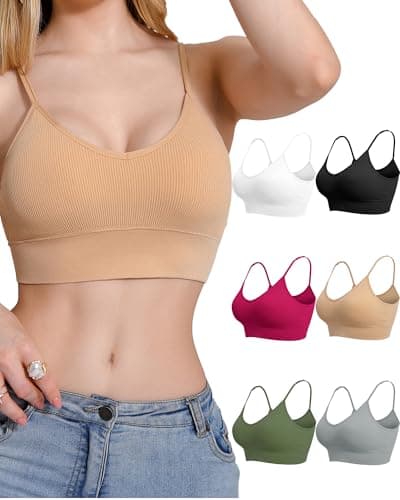 QDN Women's 6 Pack Seamless Bralette with Removable Padded Cups – Soft Wireless Support for Yoga, Lounge & Daily Wear (US, Alpha, X-Small, Regular, Regular, 6, Black/Red/Grey/Green/Nude/White) - Image 1