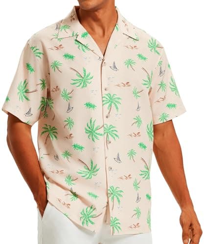 Vytroon Men's Vacation Shirts Wrinkle Free Short Sleeve Button Down Tropical Hawaiian Beach Shirt Ivory- Yacht & Tower, 3X-Large - Image 1