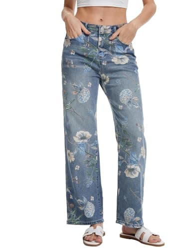DAOAO Vintage Floral Jeans for Women 90s High Rise Wide Leg Casual Stretchy Denim Pants Trendy Pantalones De Mujer,XL Blue - Image 1