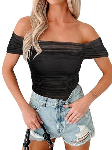 Glamaker Women Off The Shoulder Mesh Tops 2026 Summer Sheer Short Sleeve Ruched Fitted Going Out Trendy Y2k Shirts Blouses Black L - Image 1