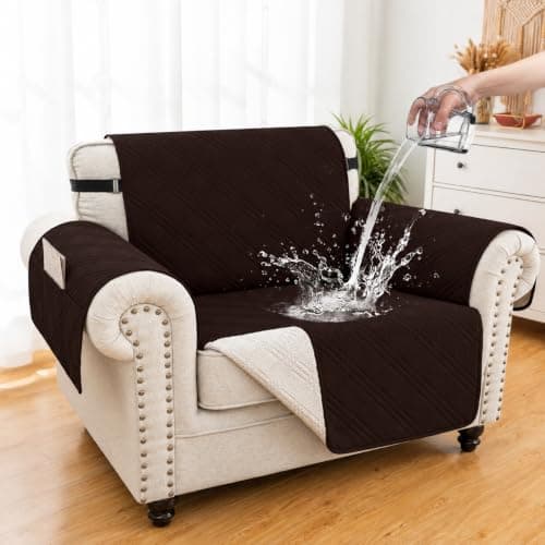Eusalioy 100% Waterproof Couch Cover for Dogs, Anti-Slip Washable Sofa Cover with Elastic Straps & Side Pockets, Durable Furniture Protector for Kids, Pets & Dogs (Armchair 23", Chocolate) - Image 1
