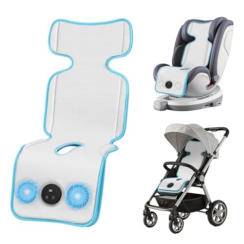 Baby Stroller Cooling Pad with Fan, 3D Breathable Carseat Cooling Pad, 5 Speeds Adjustable, 17H Max Ventilation, Rechargeable Cooling Mat Liner for Infant Baby Summer Essentials,White Blue - Image 1