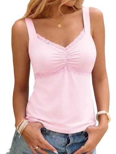 Womens Lace Cami Tank Top Cute Trim Camisoles Spaghetti Strap Sleeveless Sexy Tops 2026 Summer Fashion Y2K Shirt Baby Pink - Image 1