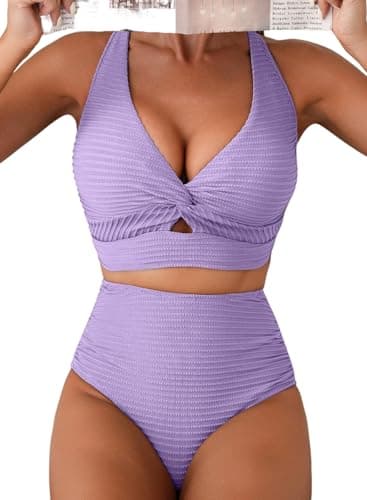 Herseas High Waisted Bikini Sets Twist Front Top 2 Piece Swim Suits for Women 2026 Textured Tummy Control Double DD Flattering Bathing Suits Summer Vacation Outfits Swimwear Purple X-Large - Image 1